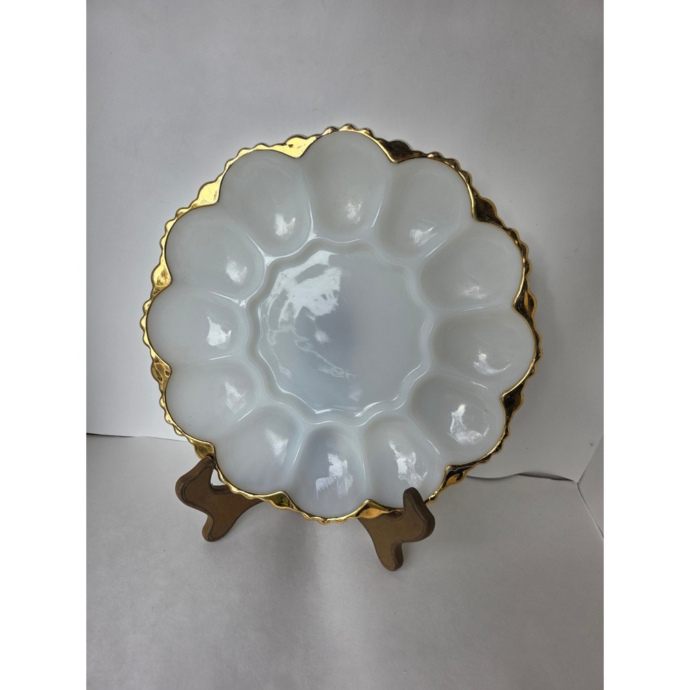 Vintage Anchor Hocking White Milk Glass Deviled Egg Plate Scalloped Gold Trim